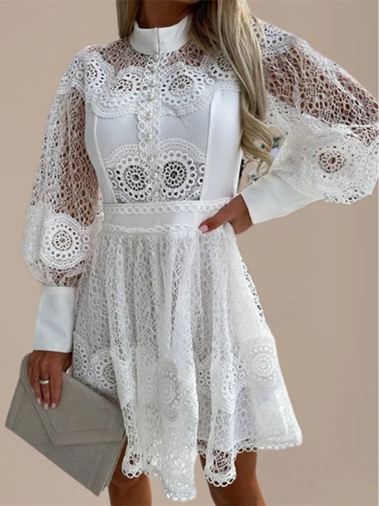 Women Lace Long Sleeve Comfy Party Lace Short Dress